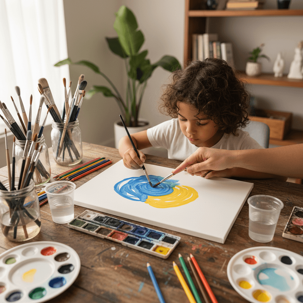 Volunteer teaching child an art activity
