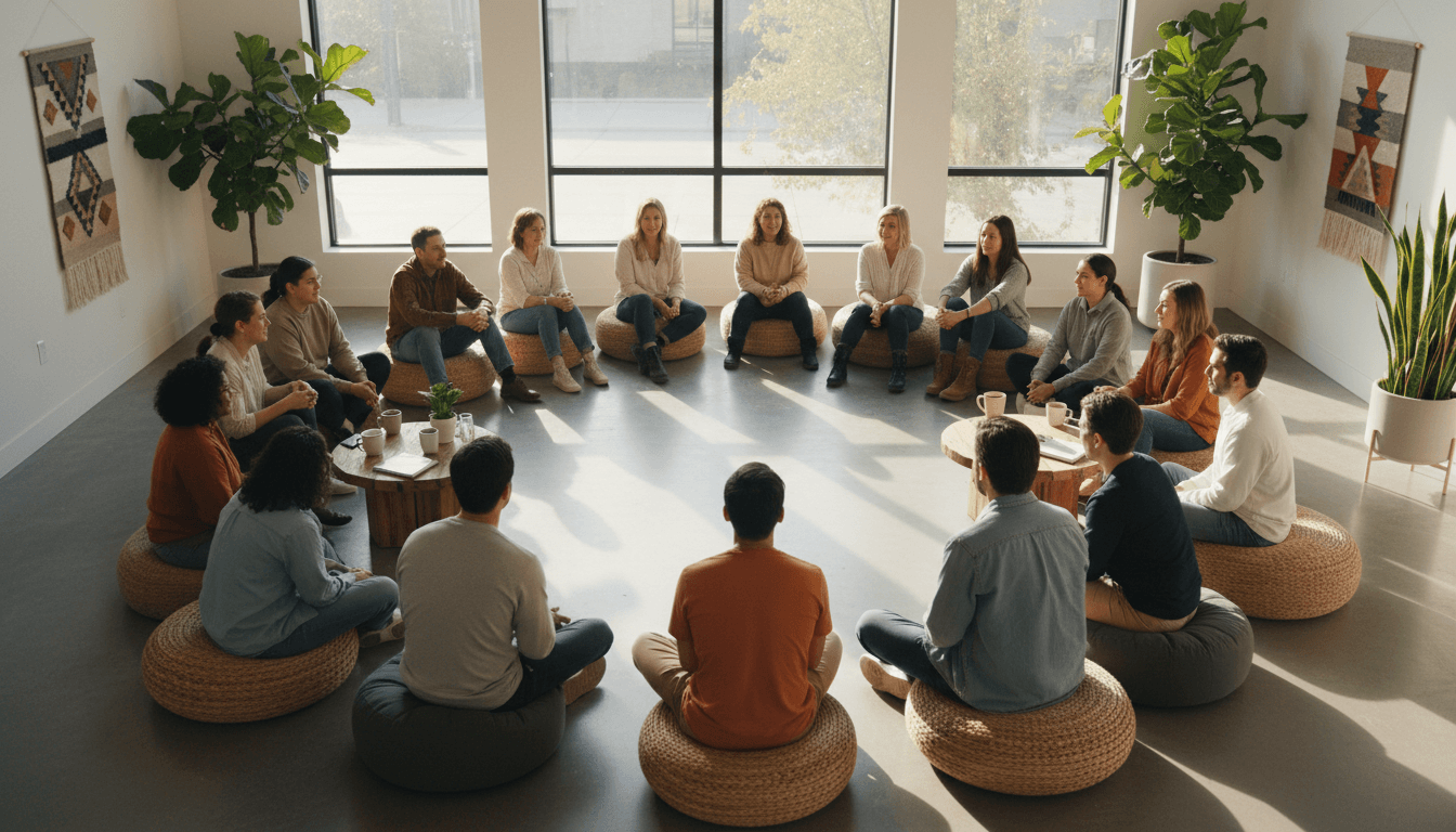 Community members gathered together in a bright space