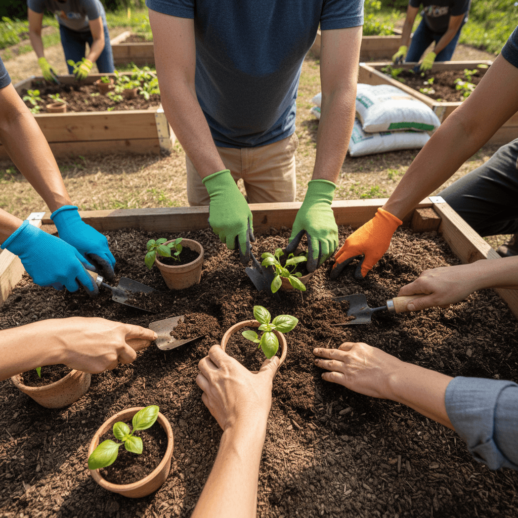 Community members planting together in a garden